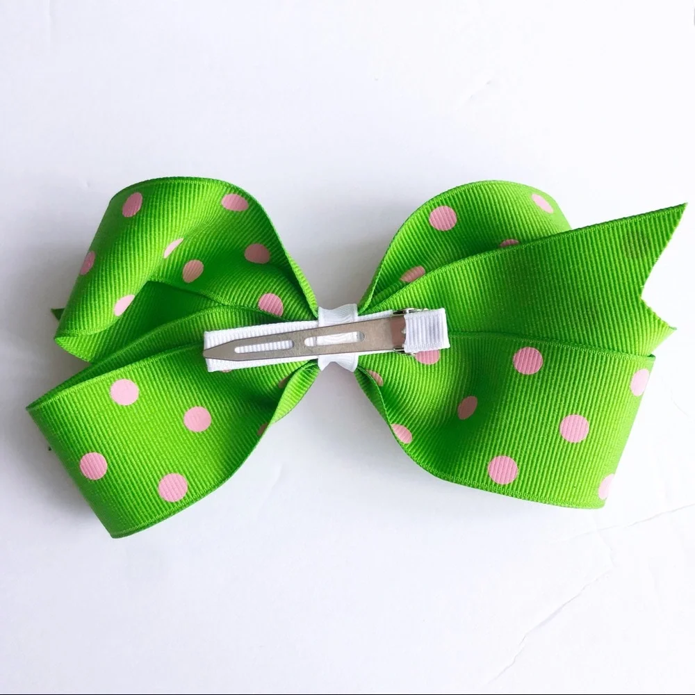 Girls Large Princess Green Pink Polka Dot Hair Bow